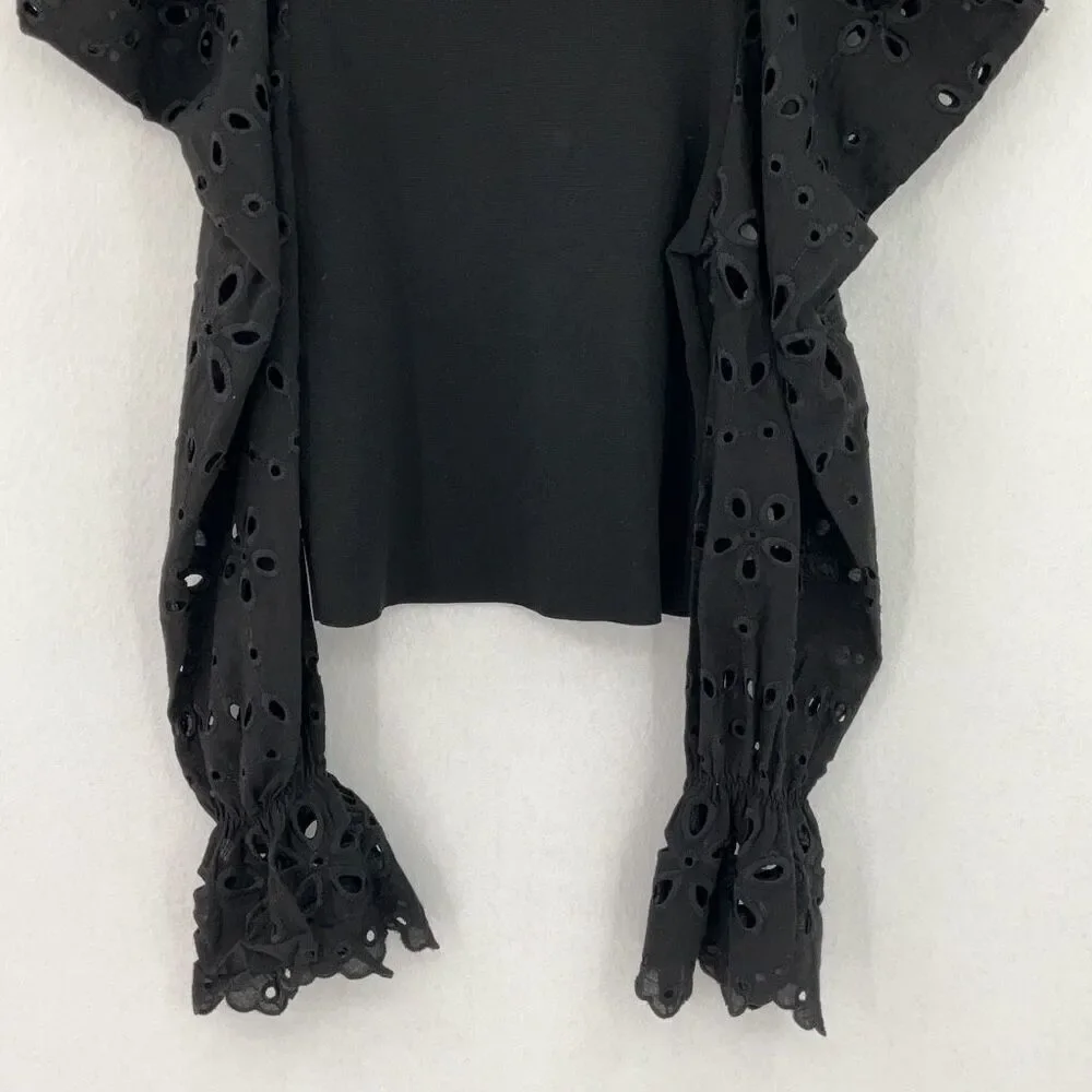 Zara Black Puff Long Sleeve Lace Blouse Top Size Small